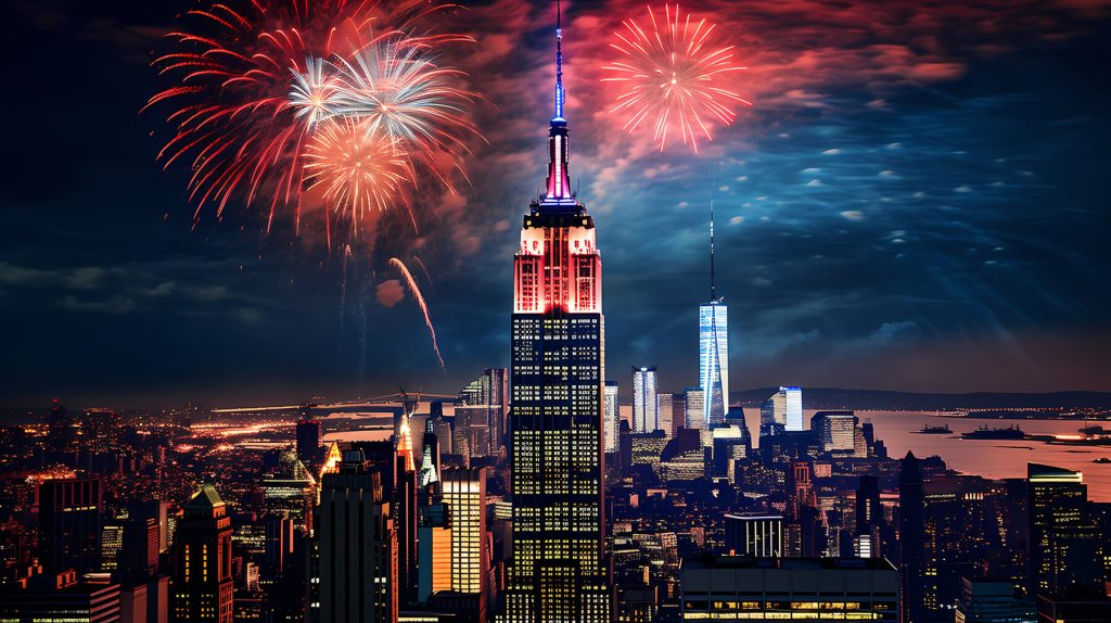 Empire State Building with fireworks